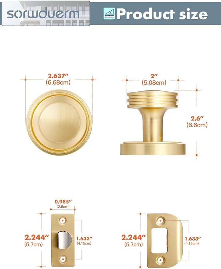 2 Pack Gold Door Knob Passage Door Knobs Brushed Gold Interior Satin Brass Door Handle for Hall and Closet,Zinc Alloy