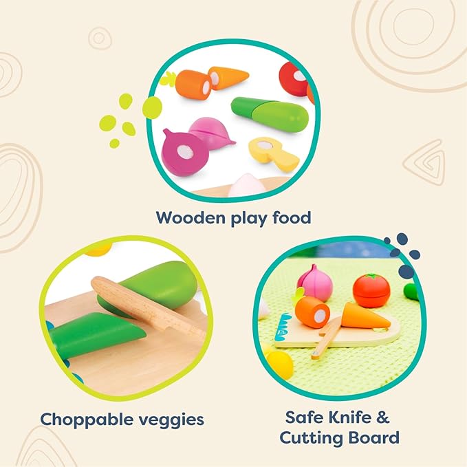 B. toys- Chop 'n' Play - Vegetables- Pretend Play Food Set – 6 Wooden Toy Vegetables to Cut – Hook-and-Loop Play Food for Toddlers, Kids – Safe Knife & Cutting Board – 2 Years +