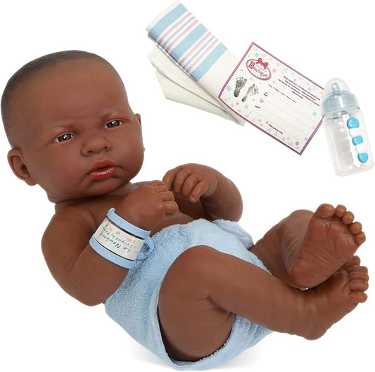JC Toys - La Newborn First Day African American| 14" Anatomically Correct Real Boy Baby Doll | All-Vinyl Baby Doll with Accessories| Made in Spain | Ages 2+ , Blue