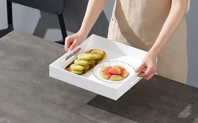 BEYLANG Glossy White Sturdy Acrylic Serving Tray with Handles-12x12 Inch-Serving Coffee,Appetizer,Breakfast,Butler-Kitchen Countertop Tray-Makeup Drawer Organizer-Vanity Table,Ottoman Tray-Decorative