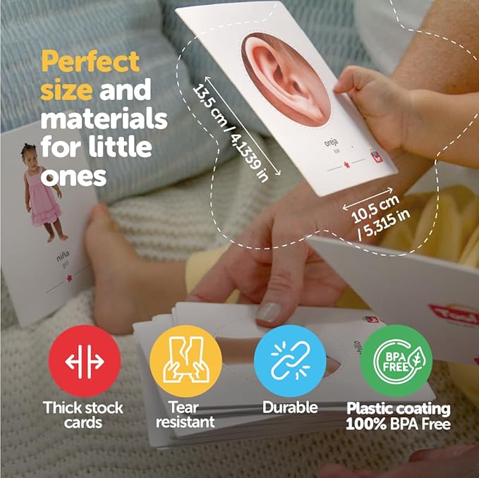 Tool-be Bilingual Flash Cards for Babies and Toddlers, with 35 Real Photos of Body Parts, Spanish-English Educational Toys, Sight Words Flash Cards, Ages 6 Months to 6 Years