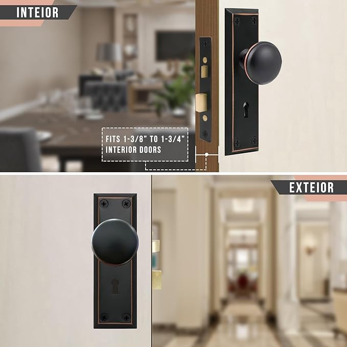 Vintage Door Knob with Lock for Interior Doors Oil Rubbed Bronze, Antique Brass 1 Pack Mortise Lock Set, Old Fashioned Bathroom & Bedroom with Skeleton Key for Old House Doors