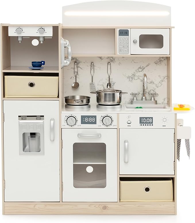KOTEK Play Kitchen with Lights and Sounds, Wooden Toddler Kitchen Playset w/Ice Maker, Coffee Maker, 19 Accessories & Microwave, Chef Pretend Play Toy Kitchen Set for Kids Girls & Boys Ages 3+(White)
