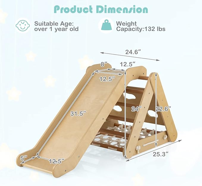 HONEY JOY 4-in-1 Triangle Climber with Ramp, 3-Side Kids Climbing Triangle Ladder with Net Rope & Bars, Wooden Montessori Climbing Toys for Toddlers Daycare, Gym & Playground, Gift for Boys Girls