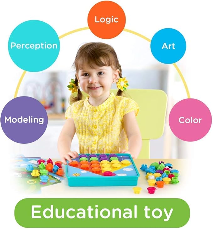TINOTEEN Button Art Toy for Toddlers,Toddler Activities Crafts Color Matching Early Learning Educational Mosaic Pegboard 50 Buttons and 18 Pictures