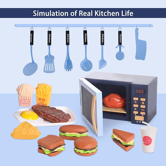 Kids Microwave Toy with Light and Sound, Realistic Toy Kitchen Appliances, Play Kitchen Accessories and Play Food for Toddlers 3 Year Old Up Girls Boys, Blue
