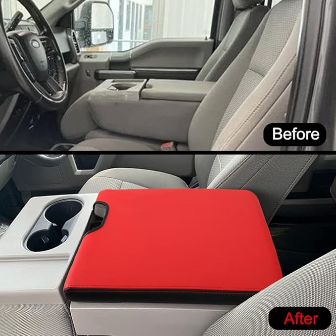 XITER 1PC Leather Center Console Armrest Cover Waterproof Protector Cover for 2015-2026 F150 2017-2026 F250 F350 F450 Super Duty with 40/20/40 Jump Seat(Red+Black)