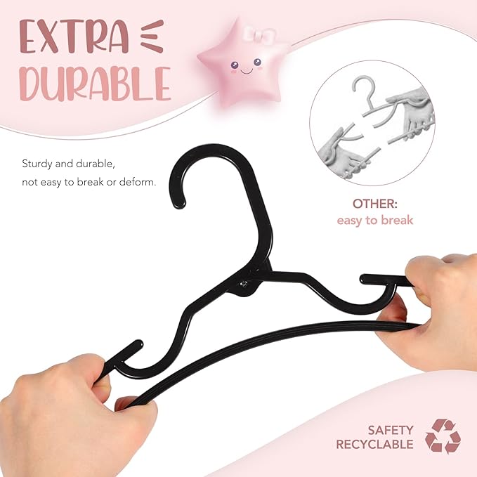 HOUSE DAY Plastic Baby Hangers for Closet 20 Pack, Durable Plastic Kids Hangers for Baby Clothes, Thin & Compact Childrens Hangers, Space Saving Black Baby Hangers, Small Hangers for Kids Clothes