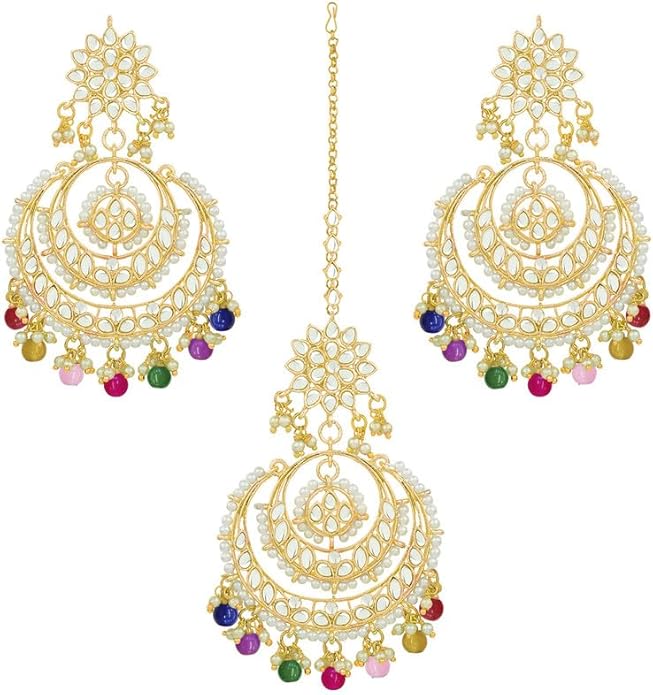 Aheli Bollywood Ethnic Chandbali Style Big Earrings Maang Tikka Set Traditional Fashion Jewelry Gift for Women