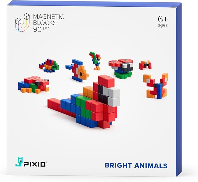 PIXIO Bright Animals - Magnetic Building Blocks for Kids Over 6 Years, Pixel Art, STEM Magnet Toys for Kids Ages 8-12, Portable Magnetic Blocks for Creativity - 162 pcs