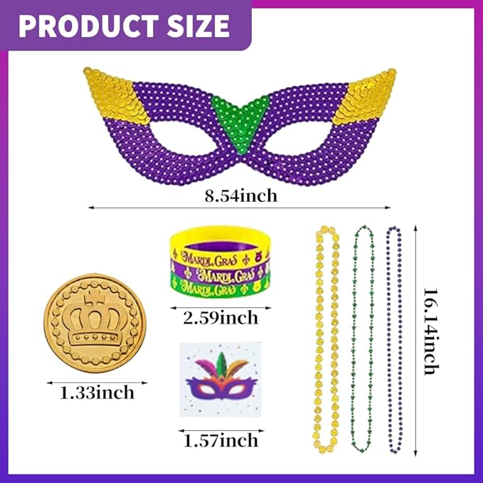219 Pcs Mardi Gras Party Favors Set, Mardi Gras Masks, Bracelets, Beads Necklaces, Photo Booth Props, Temporary Tattoos Stickers and Coins Set, for Mardi Gras Parade Masquerade Party Decorations