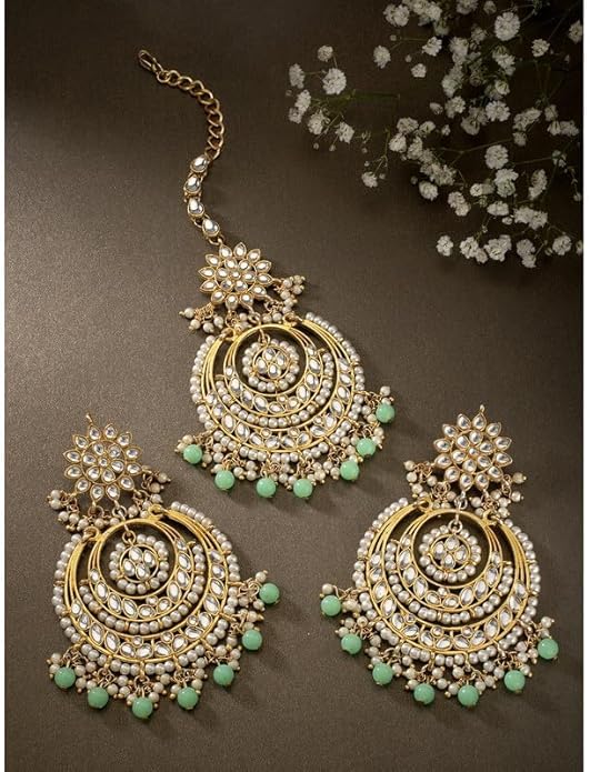 Aheli Bollywood Ethnic Chandbali Style Big Earrings Maang Tikka Set Traditional Fashion Jewelry Gift for Women