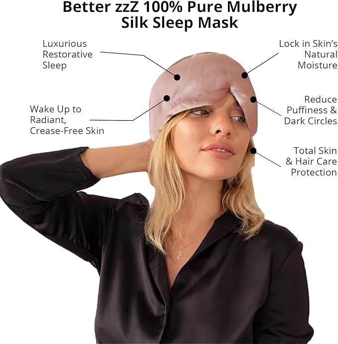 Better zzZ 100% Pure Mulberry Silk Sleep Mask for Women & Men – Adjustable Velcro Strap, Total Blackout, No Pressure Eye Mask for Deep Sleep & Travel Pouch Included - (Pink)