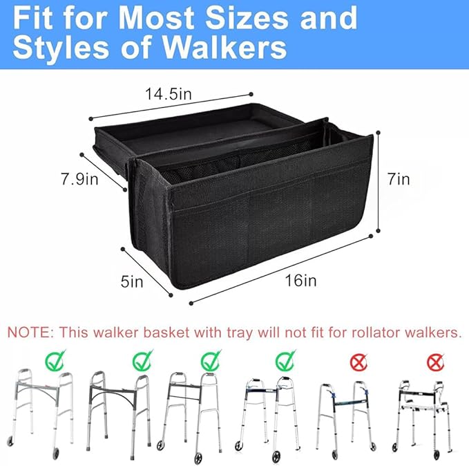 Wheelchair Carry Bag Arm Rest Pouch Rollator Walkers Knee Scooters Storage Organizer Elderly Seniors Water Cup Holder Foldable with Big Capacity
