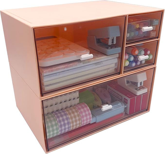 Desk Organizer with 4 Drawers, Makeup Organizer, Plastic Sundries Storage, Vanity Organizer, Cosmetic Storage Organizer, Desk Storage Box, Bathroom Counter or Dresser, Pink (CD-QBH-03)