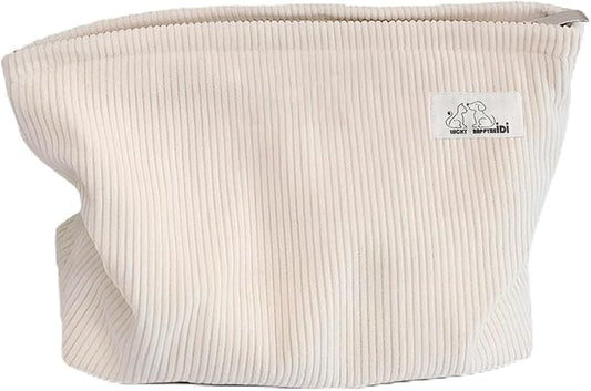 HAPPYHEIDI Large Corduroy Makeup Bag with Compartment Cosmetic Toiletry Travel Pouch Office Car Accessory Organizer, Soft Creamy White