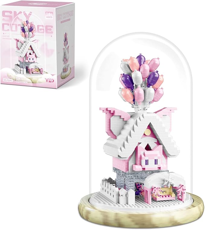 House Building Blocks Kit Toys Set, Miniature1493 Pcs Micro Bricks Collectible Creative Teen Girl Gifts Age 14 and Up, Dust Cover, and Wooden Base Up Balloon Castle Toys DIY Decoration Home