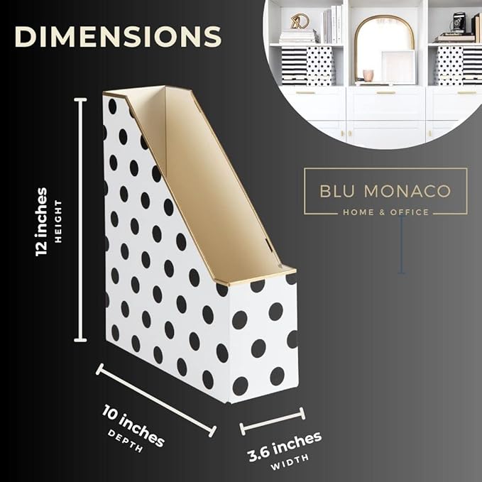 BLU MONACO Set of 4 Magazine File Boxes | 2 Black & White Stripes + 2 Polka Dots | Cardboard File Organizer Boxes for Desk, Office & Classroom Paper Storage – Foldable Magazine Holders