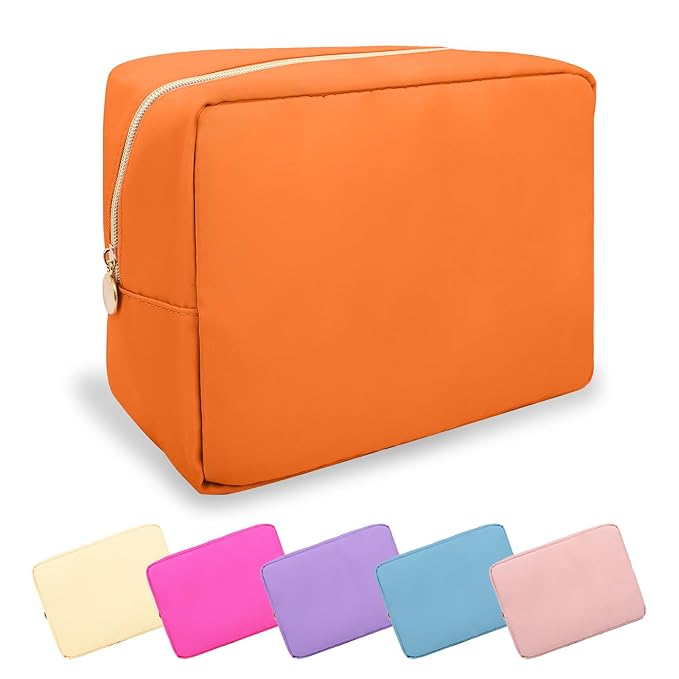 UIXIZQ Large Makeup Bag Pouch,Nylon Women Travel Toiletry Storage Bag Preppy Cosmetic Bag for Girls,Big Makeup Organizer Bag Cute Zipper Pouch Skincare Bag for Sport Work Gift(Large-Peach)