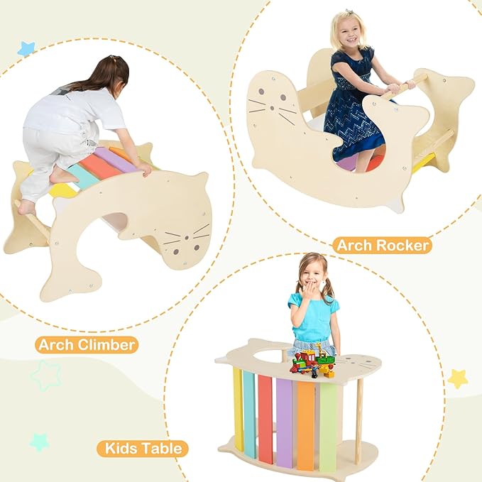 Costzon Climbing Toys for Toddlers, Foldable Montessori Wooden Arch Climber Ladder with Sliding Ramp, Play Table, Multi-Combination Methods, Kids Triangle Climber Play Gym Set for Boys Girls Present