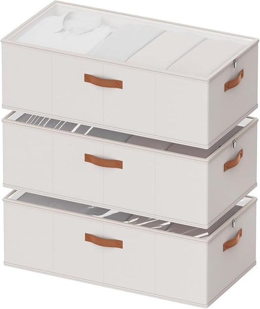 Chizjox 10inch 3 Pack Under Bed Storage Containers, 10 Inch Tall Underbed Clothes Storage Organizer Bin with Clear Window，Foldable Box Basket for Clothes, Closet, Bed Sheets and Blankets White
