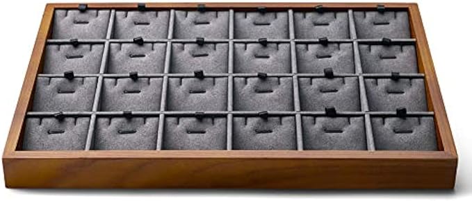 Oirlv Wood 24 Grids Jewelry Tray with Removable Inserts Jewelry Pads Necklace/Pendant Display Organizer Tray(Grey)