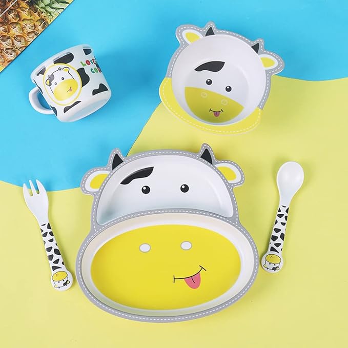 Bamboo Kids Dinnerware Set 5 Pcs Includes Plate Bowl Cup Fork Spoon Perfect for Kids BPA-Free (Cute Cow)