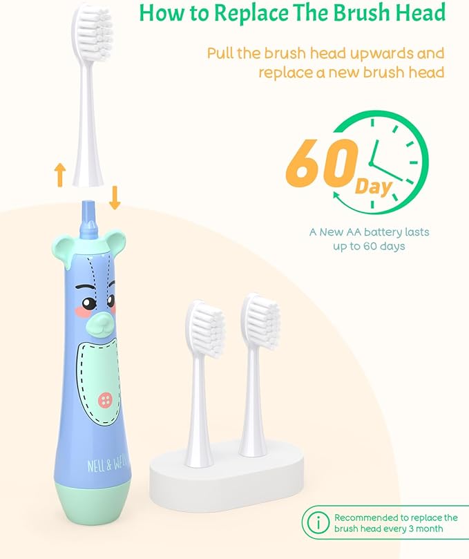 NELL&WELL Kids Electric Toothbrush, 2-Min Timer, 3 Modes with Memory, IPX 7 Waterproof, Battery Powered Kids Toothbrush with 3 Soft Bristles Heads for Children Boys and Girls Ages 3+