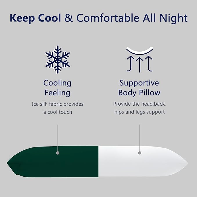 DOWNCOOL Large Body Pillow Insert with Cooling Cover - Soft Long Bed Pillow for Summer - Breathable Full Body Pillow for Adults - 20x54 inch (Green, with Cover)
