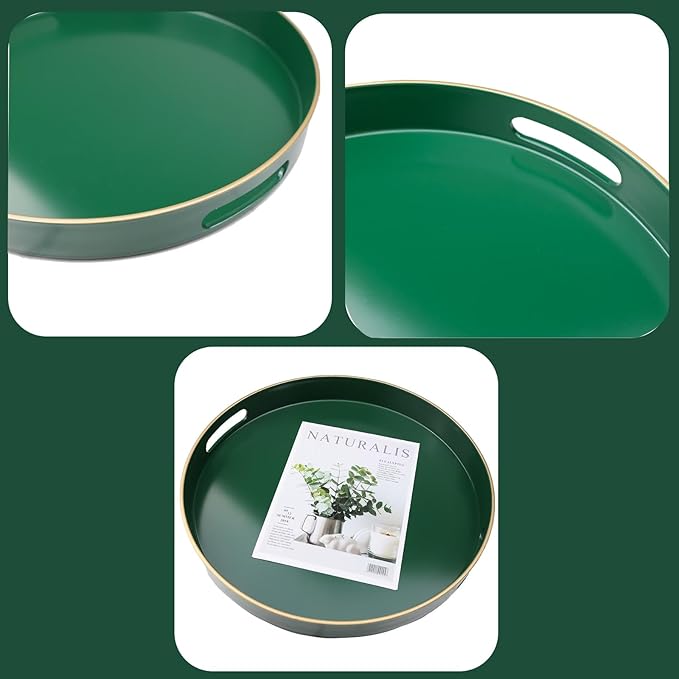 Omuriko Green Round Decorative Tray with Handles, 13" Versatile Serving Tray for Coffee Table, Ottoman, Ideal for Serving, Displaying, Organizing