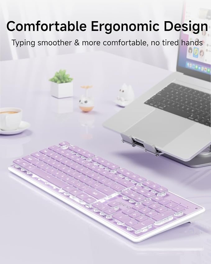 EWEADN GX710S Backlit Computer Keyboards, Wired USB Keyboard with White Backlit, Metal Panel, Plug and Play, Pudding Keycaps Full Size Quite Computer Keyboard for Win/PC/Laptop-Purple
