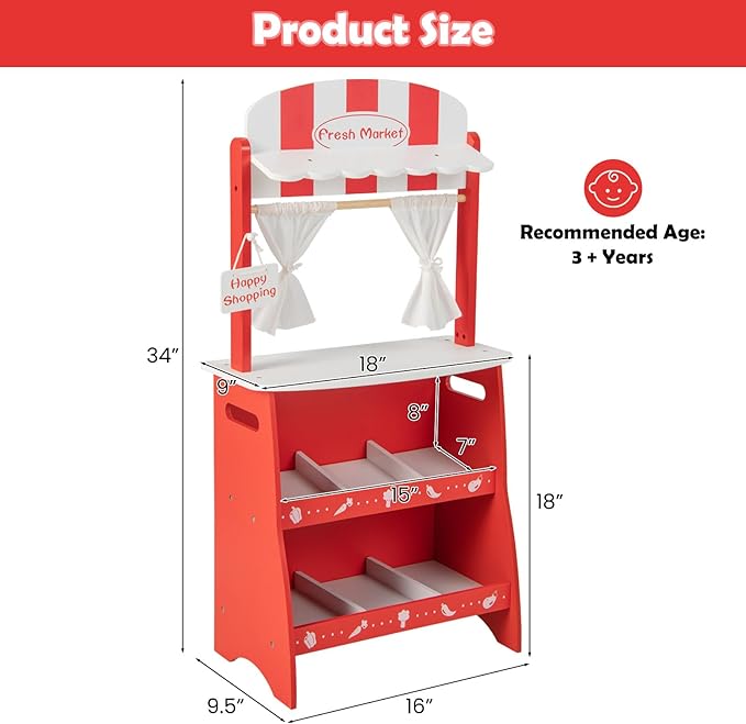 INFANS Grocery Store Marketplace Toy for Kids, Wooden Market Stand Pretend Play Set with 36 Cutting Vegetables Fruits Pieces, Role Food Shop Playset Gift for Boys Girls Ages 3+