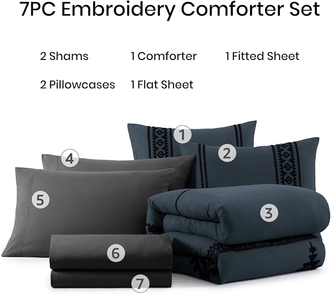 MaiRêve Oversized Queen Comforter Set Blue Grey, Embroidery Western Bedding Set Boho 7 Pieces, Farmhouse All-Season Bed in A Bag with Sheets, Pillowcases & Shams