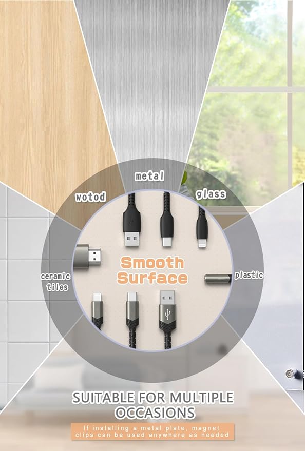 Maveek 5 Pcs Magnetic Cord Holder Cable Management, Strong Cable Clips Magnets Metal Plate, Adhesive Wire Organizers for Nightstand Desktop Wall Kitchen USB LAN (Black)