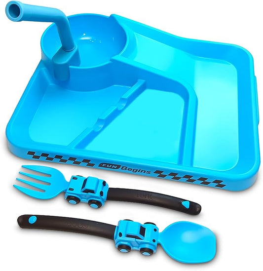 Construction Toddler Plates - Toddler Eating Utensil Set with Removable Straw - Toddler Utensils Set - Baby Plates Feeding Set - for Stocking Stuffers and Birthday Gifts - Blue