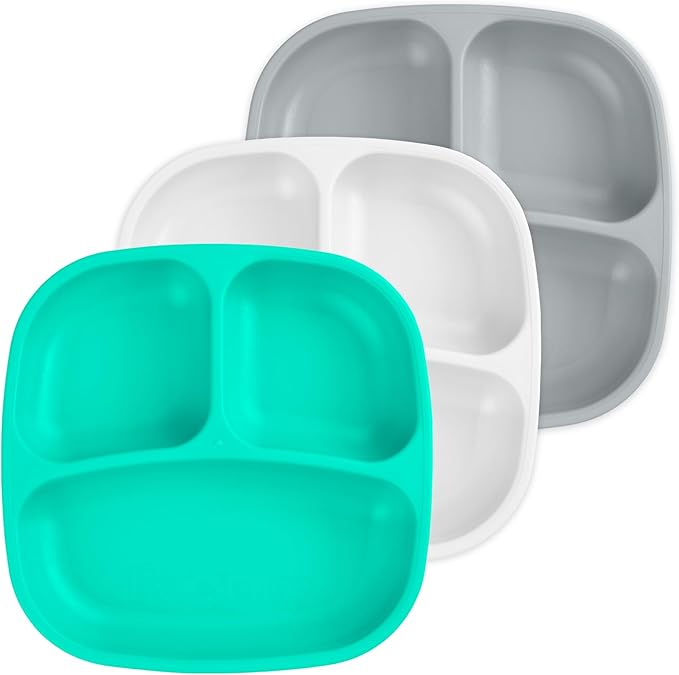 Re-Play Made in USA 7" Deep Walled Divided Plates for Kids, Set of 3 - Reusable 3 Compartment Plates, Dishwasher and Microwave Safe - 7.37" x 7.37" x 1.25", Modern Aqua