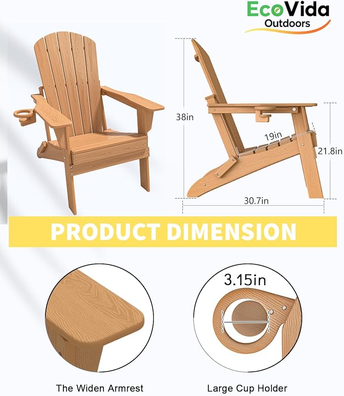 Upgraded Folding Adirondack Chair with All-Weather Cup Holder-EcoVida, Premium Wood Grain Texture, HDPE Waterproof, Suitable for Fire Pit, Patio, Porch, Cedar