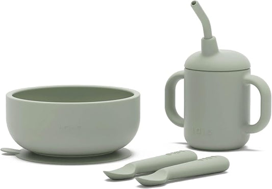 Lalo First Bites Silicone Baby Feeding Set - Baby Led Weaning Supplies - Non-Toxic Silicone - Includes 2 Spoons, Training Cup, & Suction Bowl - 4 Pieces - Sage