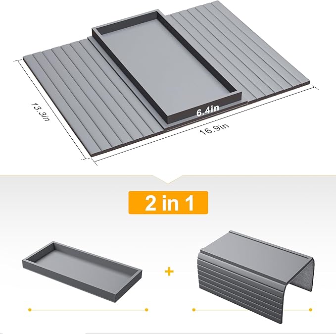 Bamboo Sofa Armrest Tray Table for Couch - 2-in-1 Foldable Couch Arm Table with Be Slide Detachable Tray- Anti-Slip Sofa Armchair Caddy for Drinks Cellphone TV Remote Snacks(Gray)