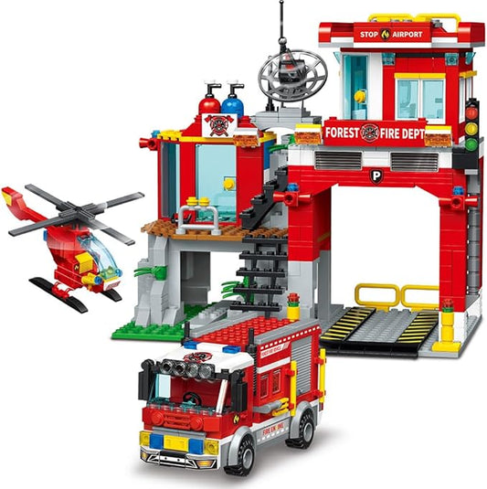 City Fire Rescue Building Set with Fire Station, Truck & Helicopter,737pcs Toy Gift for Boys 6+ (Compatible with Lego)