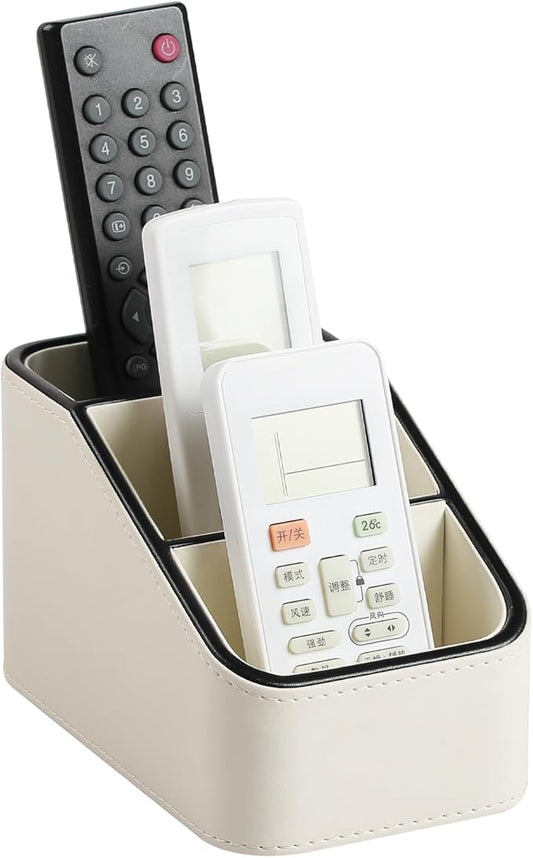 PU Leather Remote Control Holder, Small Desk Organizer Office Supply Bedside Caddy for Nightstand End Table Couch, Pen Remote Organizer with 3 Compartments (Cream)