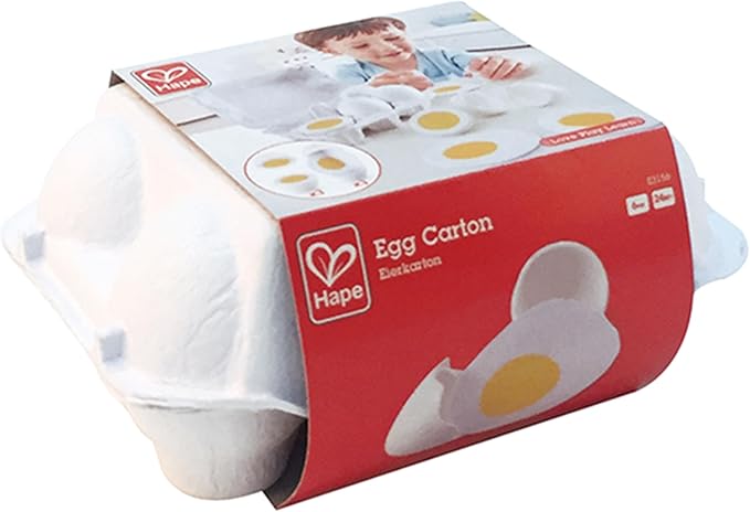 Hape Egg Carton | 3 Hard-Boiled Eggs with Easy-Peel Shell & 3 Fried, Wooden Realistic Educational Toy for Children 3+, White and Yellow (E3156)