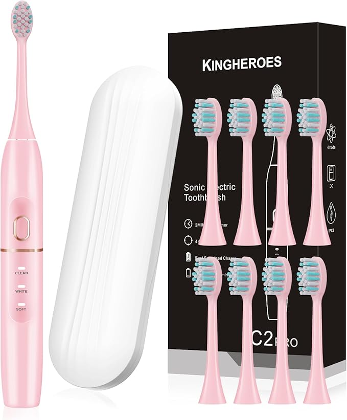Electric Toothbrush Set, Comes with 8 Brush Heads & Travel Case,4 Modes with 2 Minutes Built in Smart Timer, One Charge for 60 Days, 42000 VPM Motor (Pink)