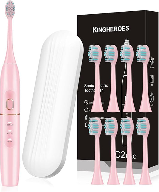 Electric Toothbrush Set, Comes with 8 Brush Heads & Travel Case,4 Modes with 2 Minutes Built in Smart Timer, One Charge for 60 Days, 42000 VPM Motor (Pink)