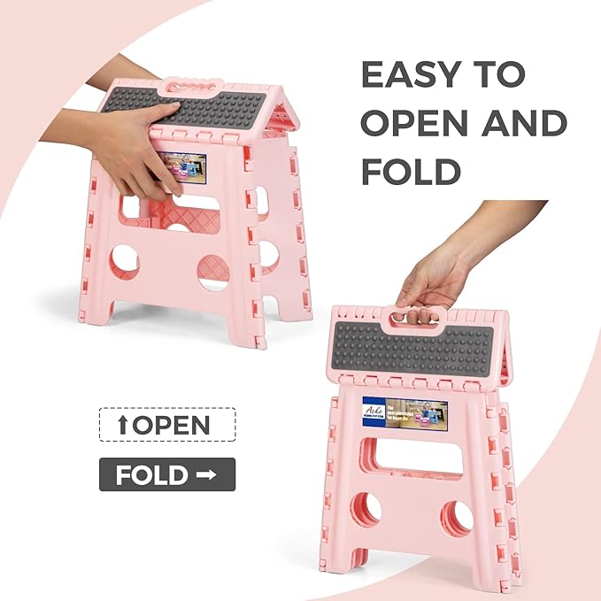 ACKO Folding Step Stool 13 Inch Stool Heavy Duty Plastic Foldable Step Stools for Kids, Stepping Stool with Handle, Folding Stool Suitable for Kitchen Hold Up to 300 LB (Sakura Pink 1PC)