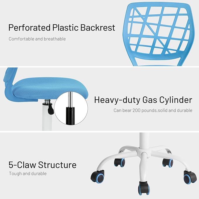 FurnitureR Kids Desk Chair, Small Office Chair Armless Adjsutable Swivel Task Chair with Soft Cushion for Study Kids Teens Child, Blue