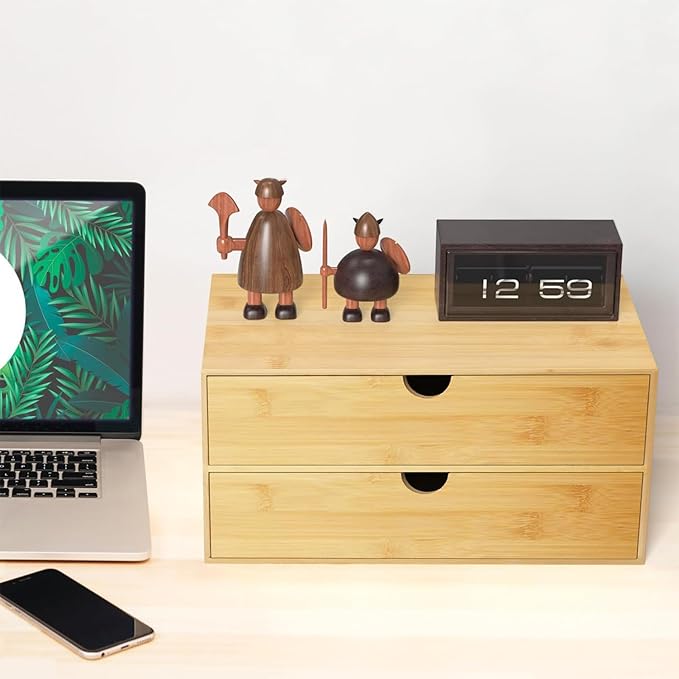 Neando Bamboo Desk Organizer with 2 Drawers, Wooden Countertop Drawers Organizer, Tabletop Storage Organization Box for Office & Home, No Assembly Needed