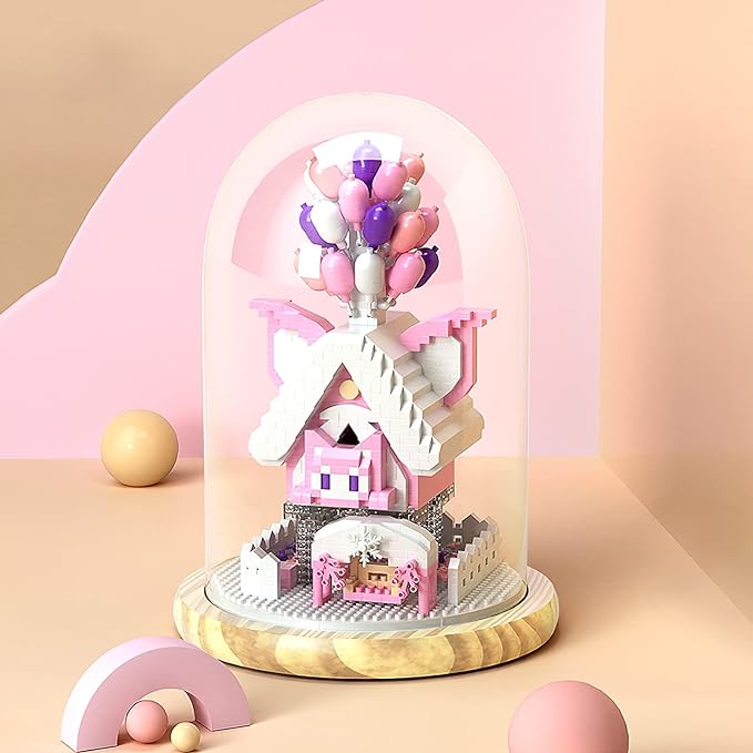 House Building Blocks Kit Toys Set, Miniature1493 Pcs Micro Bricks Collectible Creative Teen Girl Gifts Age 14 and Up, Dust Cover, and Wooden Base Up Balloon Castle Toys DIY Decoration Home