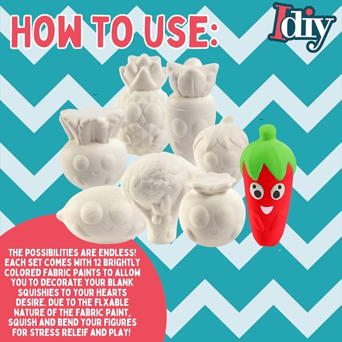 Idiy Party Craft Kit Jumbo Fruit & Veggies Squishies (8 Shapes w 12 Fabric Paints)-White Kawaii Scented Slow Rising Squishy Toys, Scented Stress Relief, Kids School, Birthday Activity Gift (4"-6")