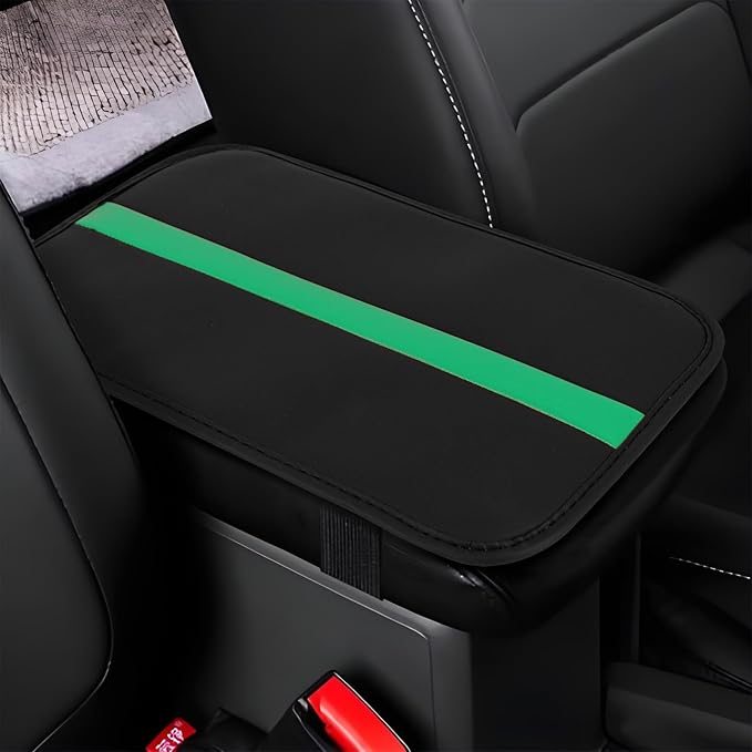 wuyaoyao Car Center Console Cover, 12.6"×7.87" PU Leather Armrest Cover for Cars, Stylish Auto Armrest Cushion Pad, Waterproof Vehicle Arm Rest Protector, Interior Car Accessories (Black+Green)